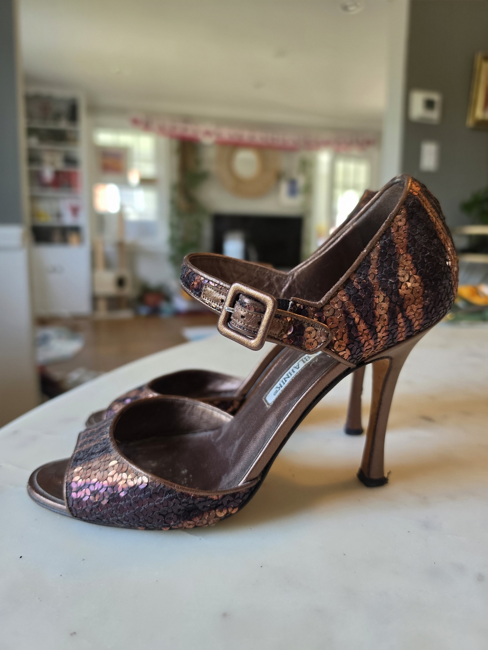 Vintage Manolo Blahnik Bronze Sequin Leather Ankle-Strap Sandals Size 38/8